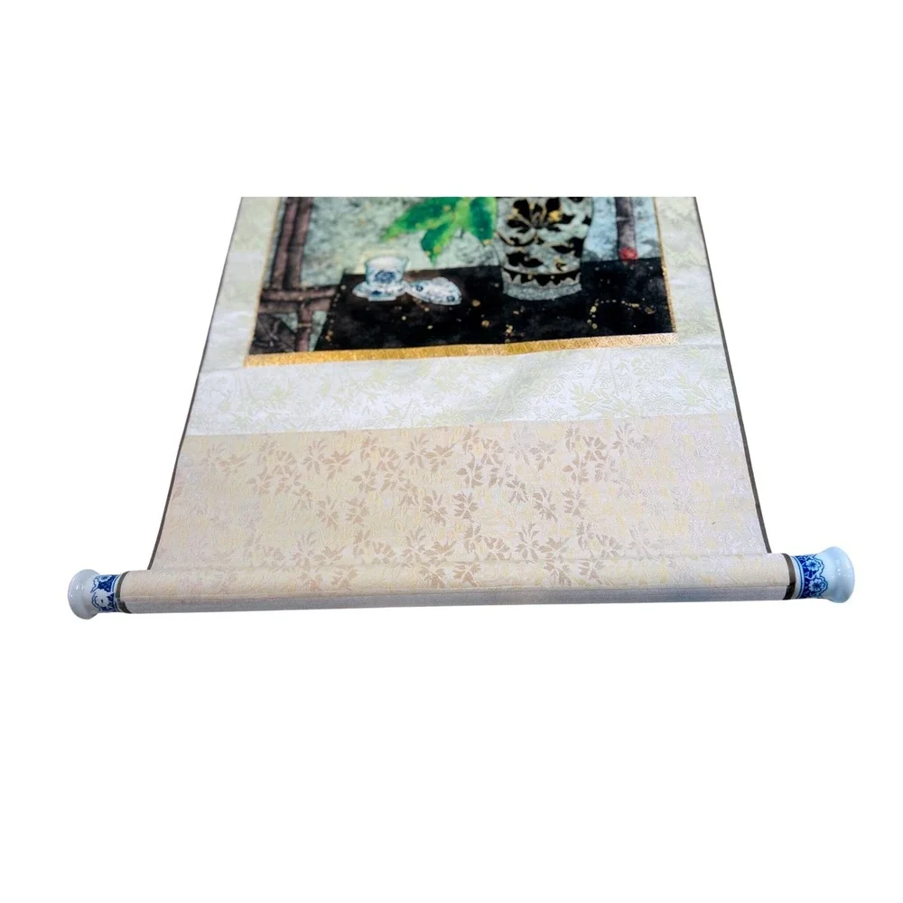 Vintage Asian Wall Scroll Yellow Peony Flower Silk‎ Brocade Porcelain Ends 48in